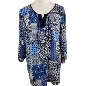Susan Graver XL Top‎ Blouse Artsy Patchwork Print 3/4 Sleeve Blue White Black